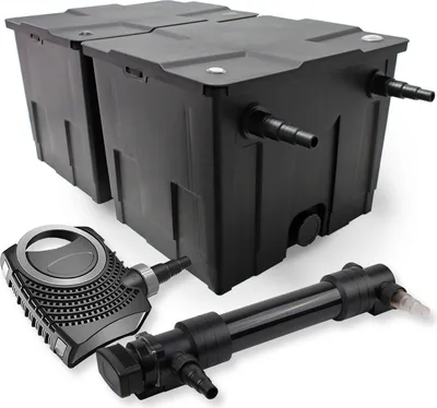 Zdjęcie produktu dla Kompletny zestaw SunSun: filtr do oczka wodnego CBF-350B do 60000 l jako filtr przepływowy, pompa do oczka wodnego CTF-8000 SuperECO 8000 l/h 70 W, odstojnik do oczka wodnego CUV-636 z odstojnikiem UVC o mocy 36 W