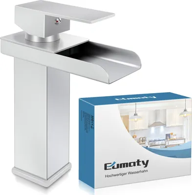 Produktbild von Eumaty Wasserfall Wasserhahn Bad, Wasserfall Waschtischarmatur Mit geöffnetem Auslauf, Edelstahl Waschbecken Armaturen, Einloch Mischbatterie Badezimmer, Gebürstetem, Silber