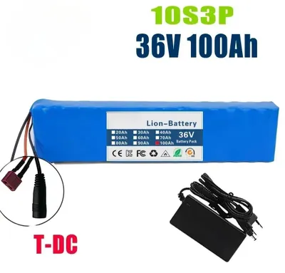 Obrázok produktu pre 36V 100Ah lítiovo-iónová batéria – 10S3P batériový balík (18650 články) – 100000 mAh, 1000 W – Vhodné pre elektrické bicykle a elektrické skútre – S BMS (systémom riadenia batérie) – Pripojenie T-DC, rozmery 280 × 38 × 68 mm