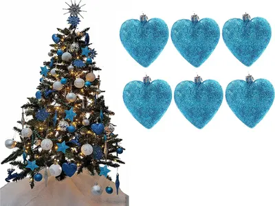 6er-Pack Weihnachtsbaum-Herzen, 8 cm, türkis, Glitzer