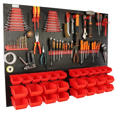 Image de Panneau mural d'atelier - Tableau d'outils - 120 x 90 cm - Métal - 28 compartiments - Pliable - Crochets rouges