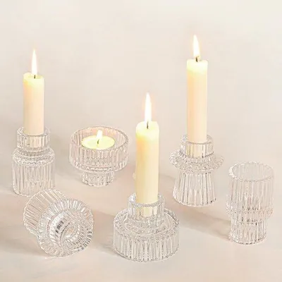 Zdjęcie produktu dla Ibenzoa® Zestaw 6 sztuk szklanych świeczników – odwracalny, 2-w-1, idealny do świec tealight, świec stołowych i świec filarowych, przezroczyste szkło w paski, elegancka dekoracja stołu