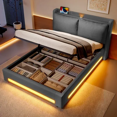 Produktbild von Moderne Samt-Himmelbett mit stylischem Kopfteil, praktischem Stauraum, USB-C-Anschlüssen, ambienter LED-Beleuchtung, abnehmbaren Kissen und integriertem Staubschutz. Elegant und funktional.140*200cm