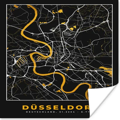 Produktbild von MuchoWow® Poster Düsseldorf - Stadtplan - Karte - Gold - Deutschland 100x100 cm - Babyzimmer