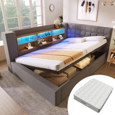 Produktbild von okwish L-förmiges Schlafsofa 140x200 Tagesbett mit LED-Beleuchtung und offenen Staufächern an der Rückwand,Jugendbett Doppelbett mit Bettkasten,Grau (Mit Matratze)
