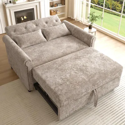 Zdjęcie produktu dla Nowoczesna rozkładana sofa 3 w 1 z dwoma miejscami siedzącymi, funkcją spania, trójstopniowo regulowanym oparciem, obiciem z tkaniny chenille, w zestawie 2 poduszki, wymiary: 120x80x82 cm, kolor: brązowo-szary