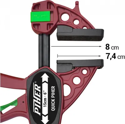 A close-up view of a red and black quick clamp with measurement indicators.