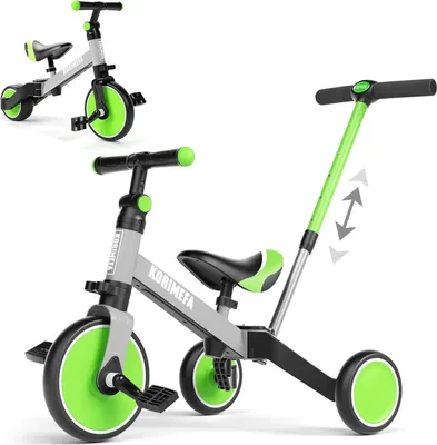 Immagine prodotto di KORIMEFA 4 in 1 triciclo balance bike per bambini da 1 anno verde + grigio con maniglione di spinta