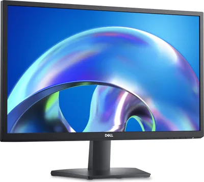 A computer monitor is displayed on its stand against a blue background with abstract graphics.
