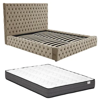 Produktbild von Chesterfield Boxbett 160 x 200 cm - Velours - Taupe + Matratze - DULENI
