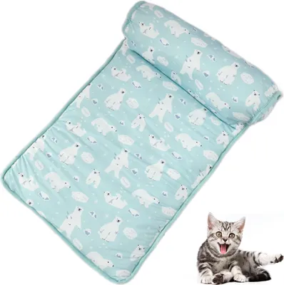 A pet cooling mat with a polar bear pattern and a cat in the corner.