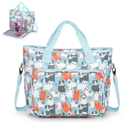 Produktbild von Aufbewahrungstasche für Wolle, Tragbar Stricktasche Handarbeitstasche mit Schultergurt, Dauerhaft Tasche Stricken Aufbewahrung für Garn, Stricknadeln und Zubehör, Blaue Katze