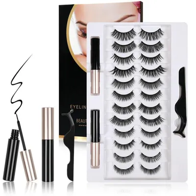 Image de Cils magnétiques, lot de 12 paires, avec eyeliner et pince, ensemble de faux cils 3D pour maquillage