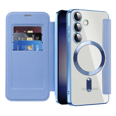 Produktbild von Klapphülle für Samsung Galaxy S25 Kompatibel mit Magsafe, Klar Überzug Kartenhalter Ledertasche mit Kameraschutz Hellblau