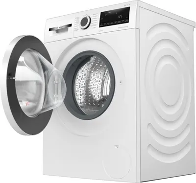 A white Bosch washing machine with the door open, showing the drum.