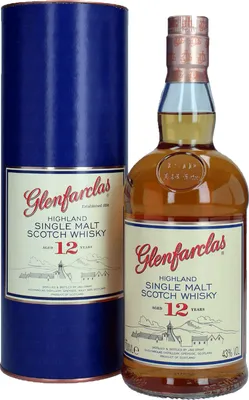 A bottle of Glenfarclas 12 Years Single Malt Scotch Whisky and its cylindrical presentation box.