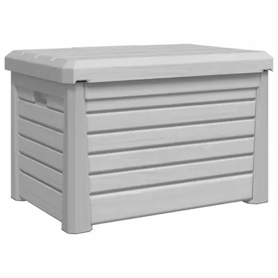 A gray outdoor storage box with a slatted design.