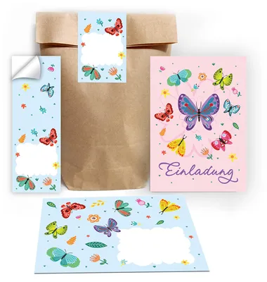 Einladungskarten-Set Schmetterling, 12 Stück mit Umschlägen, Tüten & Stickern