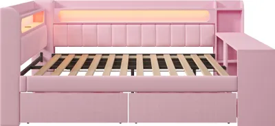 Produktbild von Flieks Jugendbett mit Led und Usb, Tagesbett Doppelbett mit Regal, Holzbett Klassisches Bett mit Schreibtisch und Schubladen, Kinderbett Rosa