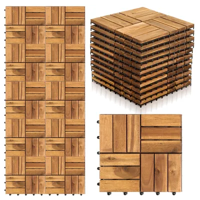 Produktbild von TolleTour Holzfliesen 33er-Set, Terrassenfliesen aus Akazienholz, 30x30cm, 3 m² Balkonfliesen, Bodenbelag mit Drainagensystem - 12 Latten pro stück
