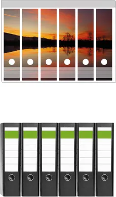 Produktbild von Wallario 6 Stück breite Ordner inkl. Klebeetiketten mit Motive Abendrot am Himmel über einem See -  Set mit Rückenschildern / Ordnerrücken Stickern