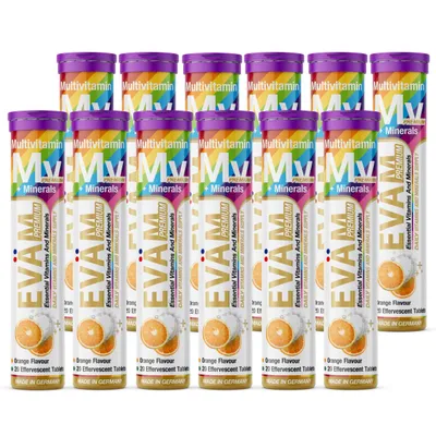 Produktbild von EVÄM Multivitamin + Mineralien Brausetabletten 12er Pack – 12in1 aus Vitaminen & Mineralstoffen, vegan, zuckerfrei, hergestellt in Deutschland