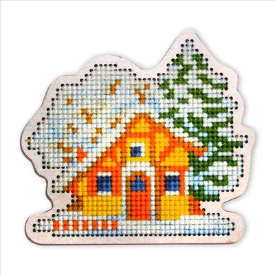Produktbild von RTO Kreuzstich Set auf Holzplatte "Winterhäuschen" EHW027, Stickbild vorgezeichnet, 8.2x7.4 cm