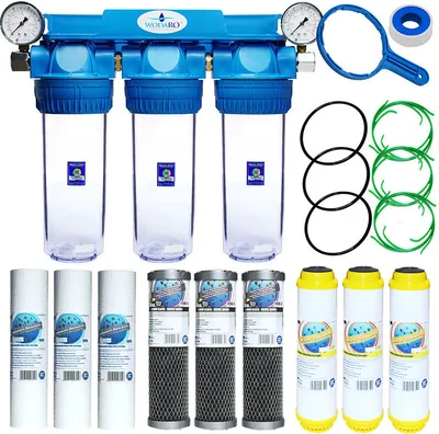 A water filtration system and its replacement filters are displayed against a white background.