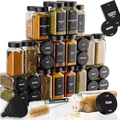 Produktbild von PromoHome® Quadratische Kräuterdosen Set mit 36 Stück – Luftdicht mit Etiketten und Streuer, 24 Dosen, 24 Deckel, 2 Streuer, 280 Etiketten