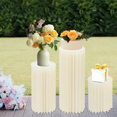 Produktbild von Papiersäulen Displayständer - Zylindrische Tortenständer 3er-Set - Faltbar - Papier/Karton - Größe L - Für Hochzeit und Jubiläum - Weiß