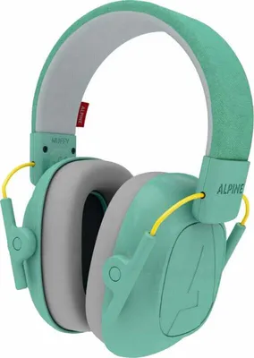 A pair of teal children's earmuffs with gray padding and yellow accents.