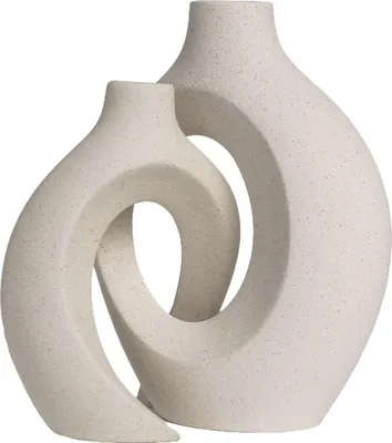 Immagine prodotto di Vaso Intirilife in Vetroceramica bianca opaca - set di 2 - vaso con foro per erba pampa fiori secchi fiori freschi - vaso a ciambella di fiori, forma nordica ad anello - stile vintage boho - decorazione soggiorno camera da letto