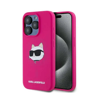 A pink iPhone case with a cartoon cat graphic and the Karl Lagerfeld logo is shown against a white background.