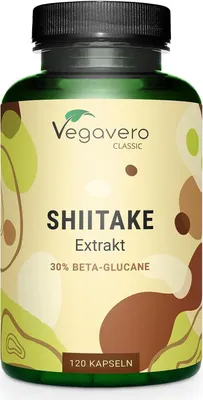 Produktbild von Vegavero Shiitake Extrakt | 120 Kapseln | 750 mg pro Kapsel | 40% Polysaccharide | 30% Beta-Glucane | vegan