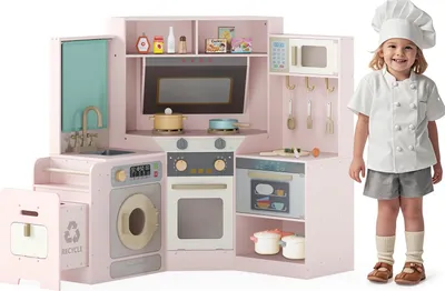 Produktbild von GOPLUS Kinderküche, Spielküche mit Licht, Sound, ausziehbarem Müllbehälter, Ofen, Waschmaschine, Zubehör, Küchenspielset für Kinder ab 3 Jahren (Rosa)