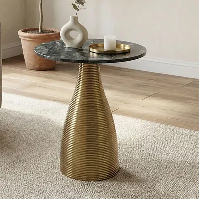 Produktbild von FineBuy Beistelltisch Rund 40cm Gold mit Marmorplatte Grün Wohnzimmertisch Naturstein Anstelltisch Sofatisch Metall Couchtisch Modern Handmade