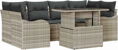 Immagine prodotto di Set da giardino composto da 7 pezzi, con 6 posti a sedere, color grigio chiaro, in rattan sintetico