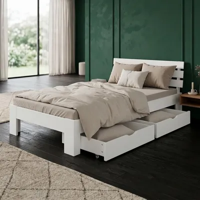 Produktbild von Homestyle4u Holzbett 90x200 mit Matratze mit ® Standard 100 2 Schubladen Weiß Einzelbett mit Lattenrost