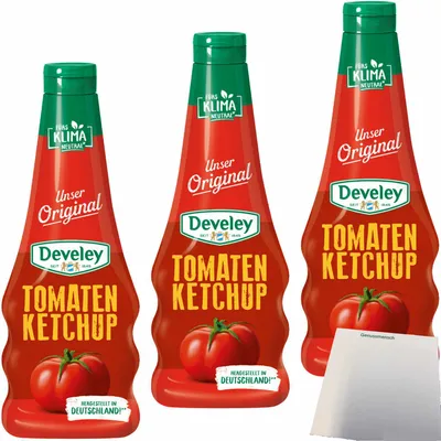 Produktbild von Develey Original Tomato Ketchup 3er Pack (3x500ml Squeeze Flasche) + usy Block