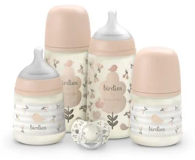 Immagine prodotto di Set per neonati, SUAVINEX Birdies, 0-6 mesi, rosa, 2 biberon da 150 ml, 2 biberon da 270 ml, ciuccio SX Pro