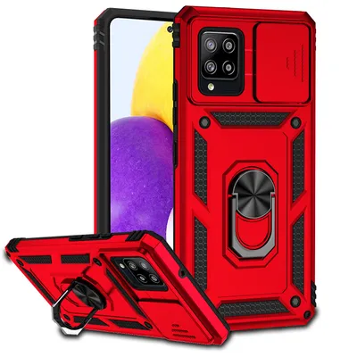 Immagine prodotto di Custodia per Samsung Galaxy A42 5G/M42 5G a doppio strato con copertura scorrevole della fotocamera e supporto ad anello rosso