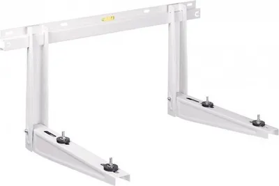 A white metal bracket for an air conditioning unit, shown against a white background.