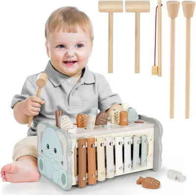 Immagine prodotto di Giocattoli Montessori a partire da 1 anno - Gioco con martello, giocattoli in legno, giocattoli per lo sviluppo motorio - Xilofono per bambini di 1 anno