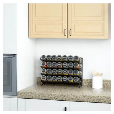 Produktbild von Gewürzregal-Organizer mit Gewürzgläsern, 386 Gewürzetiketten, Kreidemarker und Trichter-Set für Schrank, Arbeitsplatte, Speisekammer, 28 Gewürzgläser, Schwarz, 34,5 cm B