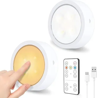Produktbild von SOAIY SET 2 LED-Spotlight-Fernbedienung, USB C wiederaufladbare Lichtunterlagen, dimmbare Anzeigeschrankbeleuchtung, 3 Lichtfarben, Magnetische, Küche