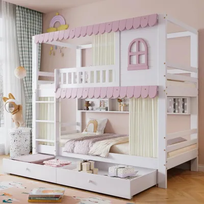 Image de Lit pour enfant - Lit superposé pour enfants en bois massif et MDF - 90 x 200 cm - Barrières de sécurité - Fenêtre avec rideau - Espace de rangement avec étagère et deux tiroirs - Blanc