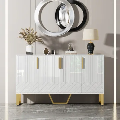 Produktbild von UnboxG Schubladenkommode -Sideboard, 4 Türen, Metallgriffe und -beine, geometrisches Design in Weiß, 140Lx40Bx80H
