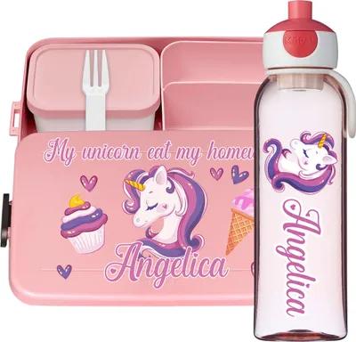 Produktbild von Lunchbox Set für Kinder Mädchen zur Schule Personalisiert mit Namen Brotdose Wasserflasche Trinkflasche BPA frei Essen für Unterwegs mit Gabel und Bento Fach To Go My Unicorn [153]
