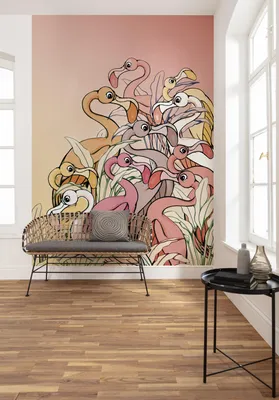 Produktbild von Komar Vlies Fototapete "Flamingos and Lillys" - Größe: 200 x 280 cm (Breite x Höhe), 4 Bahnen