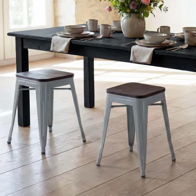 Immagine prodotto di set di 2 sgabelli HWC-A73 incl. sedile in legno, sgabello in metallo sgabello, metallo design industriale impilabile ~ grigio